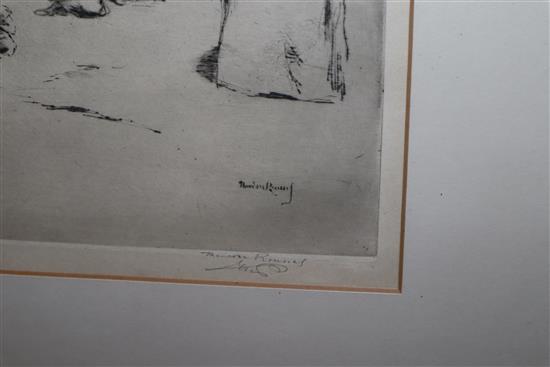 Theodore Roussell (1914-1989), etching, Bathers and beach huts, signed in pencil, 23 x 36cm